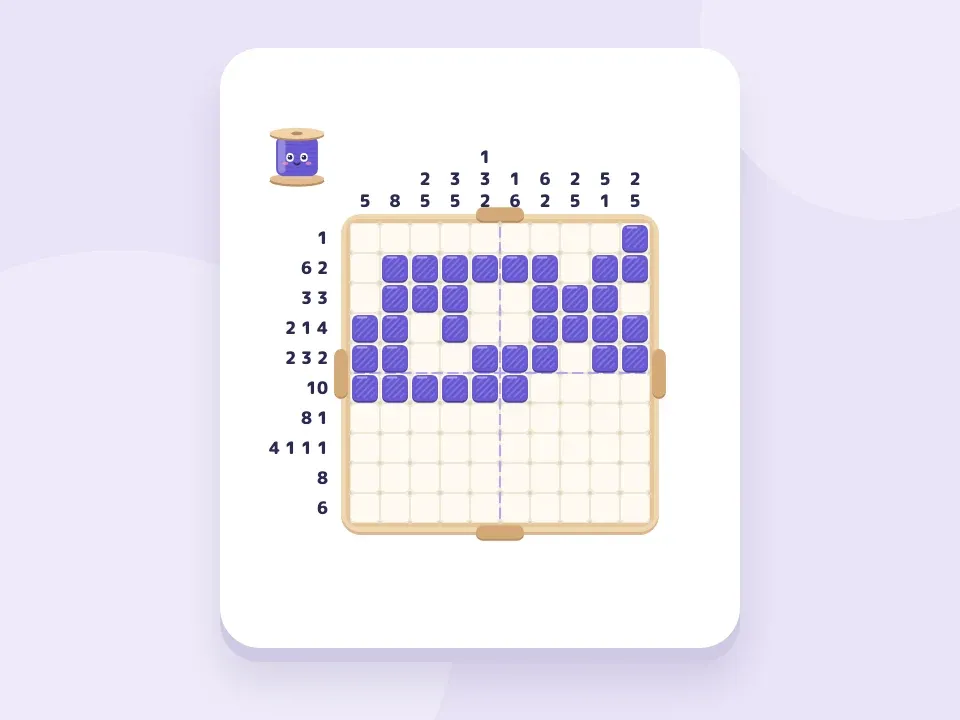 A wooden embroidery hoop with purple satin stitches, clue numbers and a little smiling thread spool.