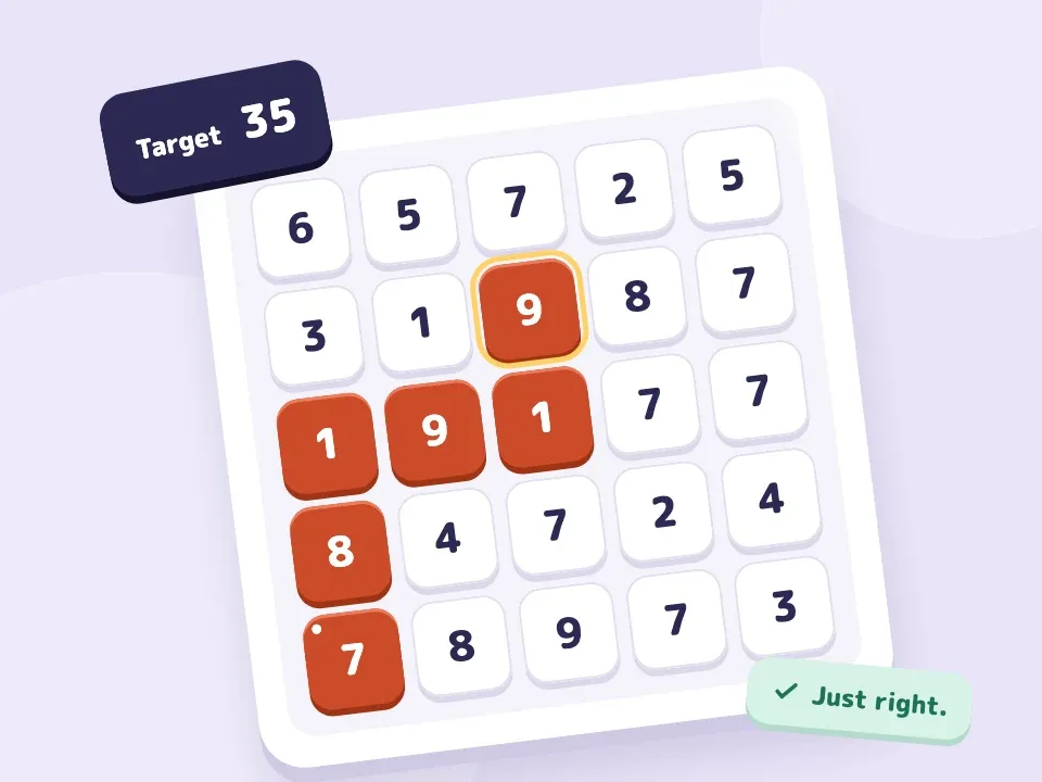A coral route winding across chunky number tiles on a lilac tray.